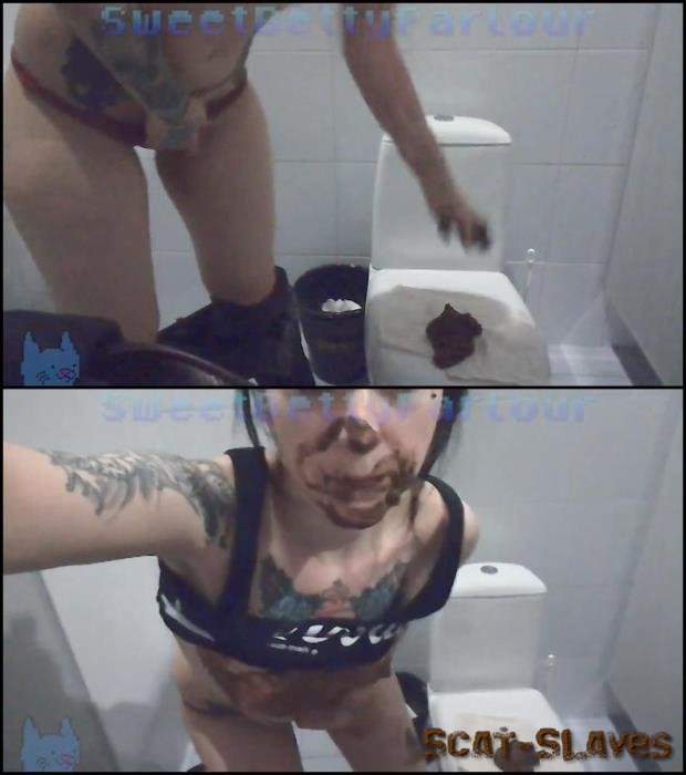 Defecation - Pooping and smear shit on face and breast in public WC. [Big pile, Amateur shitting - FullHD 1080p] (718 MB)